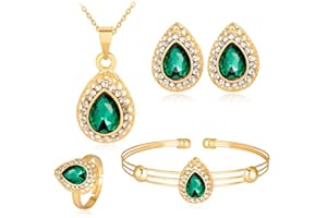 Wedity Bride Wedding Water Drop Crystal Necklace Earrings Bracelet Ring Set Gold Bridal Heart Pendant Choker Necklaces Jewelry for Women and Girls (Green)