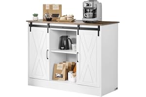 VEVOR Coffee Bar Cabinet, 41.8 x 15.8 x 32.1 in Farmhouse Coffee Bar Cabinet with 3-Tier Storage, Table with Barn Doors, Farmhouse Sideboard Buffet for Living Room, Entryway