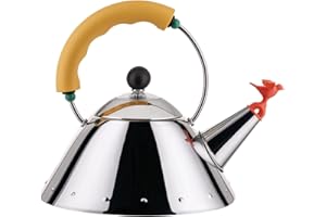 Alessi Kettle 9093/1 Y - Bollitore di Design, Adatto a Cottura ad Induzione, Fondo in Acciaio Inossidabile Lucido 18/10 con Manico e Fischietto a Uccellino in PA, Giallo, 100cl