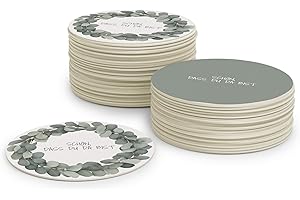 ‎FLYERALARM Schön DASS Du da bist Beer Mats Made of Cardboard, Eucalyptus Decoration (Pack of 50), Green - Beige, Round Table Decoration (Diameter 10 cm) Made of Environmentally Friendly Wood Pulled Cardboard