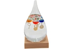 Sterzeal Tear Drop Shaped Galileo Thermometer with Wooden Stand for Accurate Temperature Reading - Elegant Home Decor & Room Thermometer - Indoor/Outdoor Thermometer, Father's Day Gift for Men