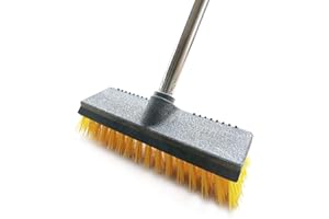 Iamagie Cepillo de limpieza de suelo con mango largo de acero inoxidable, cerdas amarillas rígidas para interiores y exteriores, para limpieza de baño, cocina, patio, azulejos, pared