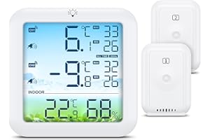 ORIA Termometro Wireless per Frigorifero, Termometro Digitale con 2 Sensori, Display a Colori, Valori Mas/Min, Allarme, Sensore di Temperatura per Congelatore Alimentato Tramite USB/Batteria per Uso