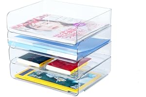 HKEEPER 4-poziomowe tace na dokumenty A4 do układania w stos, stojak na dokumenty biurkowe, organizer na dokumenty (4 poziomy, przezroczysty)
