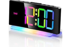 ONEWAY Digital Alarm Clock Bedside Clock Curved Led Clock RGB Colorful Silent Kids Alarm Clock for Heavy Sleepers/Bedrooms with 4 Levels Brightness & 3 Volume & Snooze & 12/24H & Memory Function