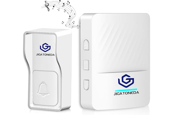 JIGATONEDA Sonnette Sans Fil Auto-alimentée, 300M IP65 Étanche Kit de Carillon Electronique, Kit de Carillon avec Lumière LED, Mode Muet, 50 Mélodies et 5 Niveaux Volume pour Maison, Bureau, Hôtel