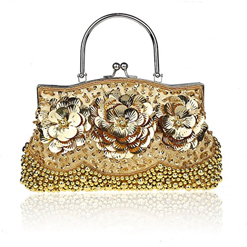 VENI MASEE Clutch Evening Bag Handbag Collection Antique Floral Seed/Bead/Sequin Soft Clutch Bag, Exquisite Seed Bead Sequined Leaf Evening Clutch