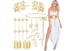 Roheafer 14 Pcs Greek Goddess Costume Accessories Set for Women Golden Laurel Leaves Crown Upper Arm Coil Bracelet Artificial Pearl Drop Earrings Toga Waist Belt Bridal Wedding Party