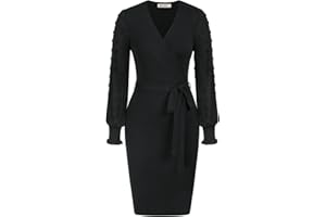 GRACE KARIN Robe Femme Pull en Tricot Manches Longues Mi-Longue Moulante Col en V avec Ceinture