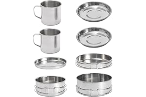 Creperture Lot de 8 ustensiles de camping portables en acier inoxydable avec tasses, assiette, casserole, poêle, ustensiles de cuisine pour camping, pique-nique, randonnée