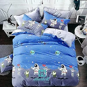 Anjali Overseas 200 GSM 400 TC Kids Glace Cotton Reversible Cartoon Printed Double Bed King Size Comforter with Matching Bedsheet 90*100 with 2 Pillow Covers Set of 4 Pieces. Astronauts