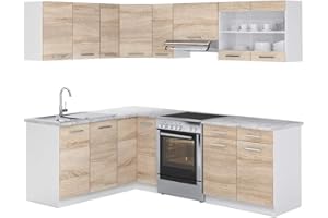 Vicco Cucina angolare completa Rick, Bianco/Sonoma, 227 x 167 cm, PL Marmo