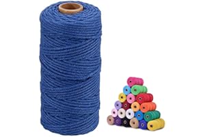 JIJACRAFT Corde Macramé Coton 3mm x 100M Fil Macramé Corde Tressée pour Tentures Murales, Cintres de Plantes, Décoration Bohème, Emballage Cadeau - Bleu Marin