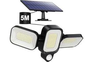 Pxwaxpy Lampe Solaire Extérieur, [1 Pack] 225LED 3 Têtes Réglables Lumière Solaire Extérieure avec Détecteur de Mouvement, 2500LM 330° Grand Angle IP65 Éclairage Extérieur Solaire avec Câble de 5M