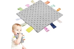 ORUZA Tag Comfort Blanket Baby, Baby Comforter with Colorful Taggies, Tag for Babies Soft Touch Comfort Blanket for Newborn Boys and Girls (Grey)
