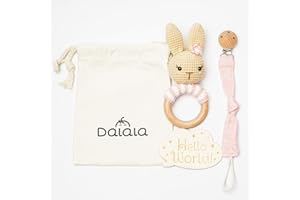 DALALA Regalo Bebe Recien Nacido Niño Niña Original Sonajero Ganchillo Hecho a Mano en Algodon y Madera Chupetero Juguete Estimulación Montessori Ideal como Regalo Nacimiento Cumpleaños Bautizo