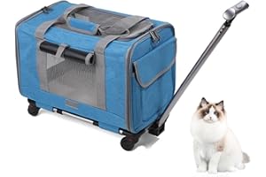 GDWD Borsa per il trasporto con ruote per gatti e cani, borsa per il trasporto con manico telescopico e ruote rimovibili, pieghevole, con trolley per cani e gatti di piccola taglia media (blu)