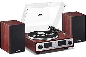 ANGELS HORN Giradischi vintage, Giradischi Bluetooth HiFi con altoparlanti da scaffale, preamplificatore phono integrato, trasmissione a cinghia a 2 velocità, controllo del passo, pick-up AT-3600L