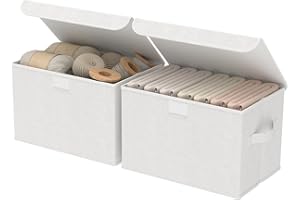 GUOHNHE Fabric Storage Bin with Lid, Closet Boxes with Cover, Collapsible Stackable Organizer Basket with 2 Handles, for Home and Bedroom, 2 Pack, White, 26 x 20 x 17 cm, XSNY12WS-2