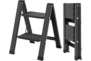 KULACO Scala pieghevole a 2 gradini, in alluminio, leggera scala fino a 150 kg, antiscivolo per la casa con pedale largo, scala multifunzione per cucina, bagno, campeggio (nero)