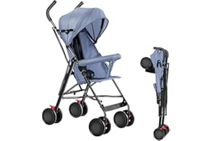 WILLONIN Poussette canne compacte Ingenious,Poussette Canne Bébé 0-4 Ans Pousette Compact et Légère Voyage,Poussette 4 roues, capote en trois parties, avec moustiquaire- bleu