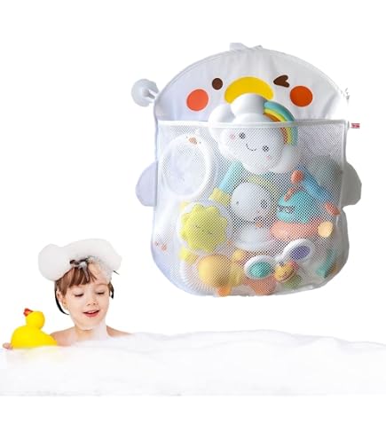 GOTDYBST Organizer Giocattoli Da Bagno 2 Pezzi In Rete: Borsa Portagiochi Con 5 Ganci Adesivi, Capacità 10kg, Design A Cerniera E Tasche, Bianco