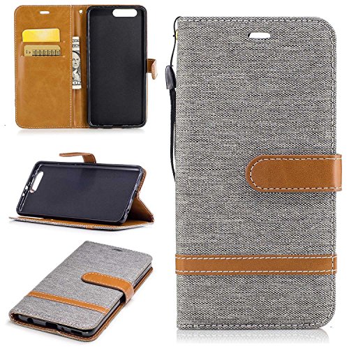 Preisvergleich Produktbild Huawei P10 Plus Hülle, Conber Segeltuch Leder Handyhülle mit [Kostenlose Schutzfolie eingeschlossen] [Kartenfächer] [Standfunktion], Huawei P10 Plus Leder Schutztasche Klappetui Ledertasche Handyhülle, Notizbuch Stil Muster Leder Handy Schutzhülle Für Huawei P10 Plus - Grau