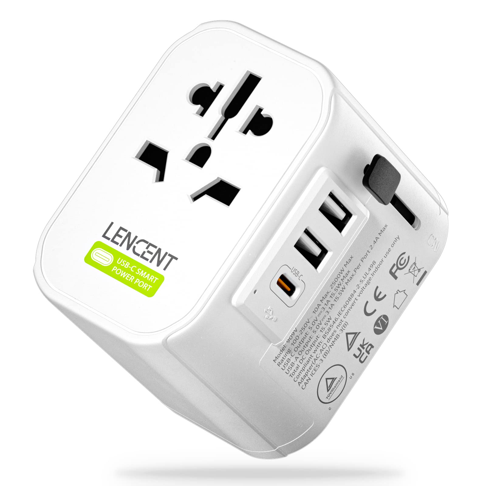 LENCENT Universal Travel Plug Adapter, International Wall Charger with 2 USB A and 1 USB C, Suitable for UK/US/EU/AUS/China, Adapter for Over 200 Countries, Type G/B/E/F/I Plug