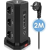 HOVNEE Steckdosenleiste Mehrfachsteckdose 9 Fach Steckdosenturm (2500W/10A) mit 4 USB-A und 1 USB-C Ladeanschlüsse und 2,0 m 