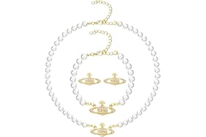 LEONSHCO Lot de 3 colliers de perles pour femme - Boucles d'oreilles - Chaîne de perles artificielles Saturne - Chaîne de perles pour femme - Tendance et simple - En alliage - Avec pendentif - Cadeau pour
