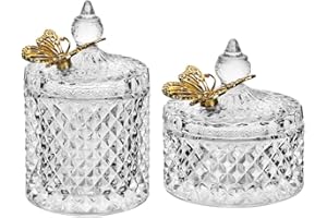 Ezebesta Paquete de 2 botes de baño vintage con hermosas tapas de mariposa, juego de tarros de vidrio transparente pequeños y gruesos, dispensador de soporte Qtip para organización de almacenamiento