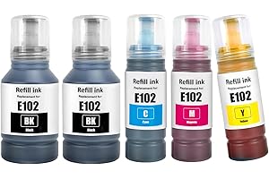 TOPRINT E102 Ink Bottles 5 Color Multipack Compatible for E102 Ink ET-2700 ET-2750 ET-2751 ET-2756 ET-2850 ET-2851 ET-2856 ET-3700 ET-3750 ET-3850 ET-4750 ET-4850 ET-4856 ET-15000 Printers