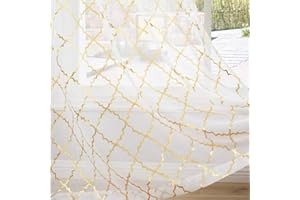 Kotile Voile Eyelet Curtains 66 x 72 Drop - Semi Transparent White Voile Net Curtains 72 Inch Drop Printed Geometric Moroccan Tile Pattern Window Curtain Panels for Balcony/Living Room Décor, 2 PCs