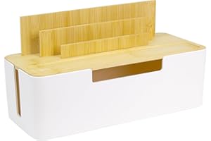 YTUGIL Cord Organizer Box with Bamboo Lid, Desk Cable Management Box, Cable Tidy Organizer for Power Strips and Cords, Desk Cable Storage Solution for Office Home - White