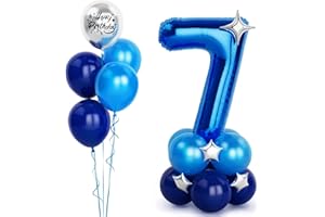 BALLOON DANCE 40 Inch Blue Number 7 Balloons with Happy Birthday Metallic Balloons and Star,Self Inflating Helium Foil Balloons for Boys Mens Birthday Party Decorations Anniversary