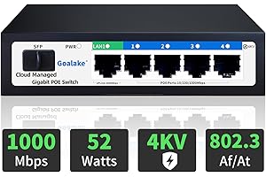 Goalake Poe Switch with 4 Ports, Ethernet Switch over Cloud, Poe+ Switch with 4 Ports with 52 W, 802.3af/at, Easy Smart Managed, Cloud Detection, VLAN, Cloud Restart, Cloud Ultra Remote 250 m