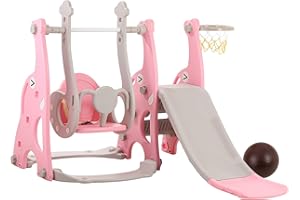 WWUIUIWW Ensemble d'escalade et balançoire 4 en 1, Toboggan Extra Long, Ceinture de sécurité, Ensemble de Toboggan d'escalade pour Enfants avec Support de Basket-Ball (Rose)