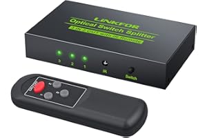 LiNKFOR Conmutador Splitter Óptico 3 Entradas 2 Salidas Switch Divisor 3x2 SPDIF Toslink Soporte LPCM 2.0 DTS Dolby-AC3 con Mando a Distancia para TV DVD PS3 PS4 Barra de Sonido