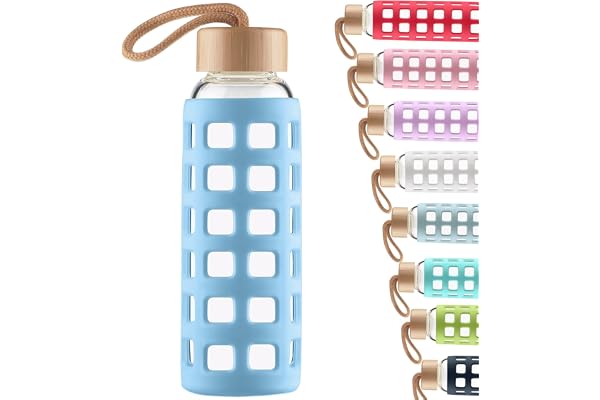 Cleesmil Sport Bouteille en Verre, Gourde Verre sans BPA avec Manchon en Silicone et Couvercle en Bambou 1000 ML (Bleu