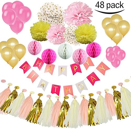 MG MULGORE Paper Pom Poms with Tissue Paper Tassel 48pcs Birthday Party Decorations Colorful Honeycomb Balls Happy Birthday Banner Hanging Swirl Decorations Party Balloons for wedding main decorations
