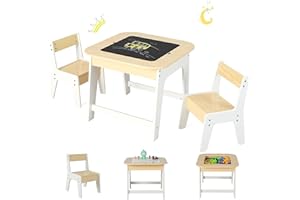 COSTWAY Kindertisch mit 2 Stühlen, 3 TLG Kindersitzgruppe Holz mit Doppelseitiger Tischplatte, 3 in 1 Zeichentisch & Basteltisch & Aktivitätstisch mit Stauraum für Kleinkinder (Natur+Weiß)