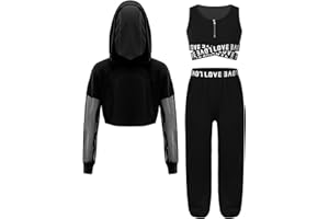 Linjinx 3Pcs Enfant Fille Costume Danse Moderne Hip-hop Tenue Danse Jazz Sweat à Capuche Court et Débardeur et Pantalon Vêtements de Danse de Rue Streetwear 5-14 ans