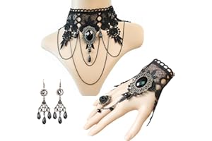 Daimay 4PCS Gotisch Choker Halskette Armbänder Schmuck Halsband Ketten Victorian Steampunk Retro Zahnräder Spitze Vampir Armband für Halloween Ostern Lolita Spitze Geschenk- GS180+ GY120+E001