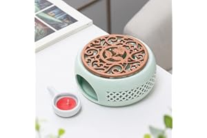 SAMSYOKI Chauffe-théière en Céramique, Réchaud pour Théière avec Cuillère et Tapis de Poêle, Chauffe-thé en Porcelaine, Théière Réchauffeur pour Conservation de la Chaleur Café Thé ou Lait (Cyan)