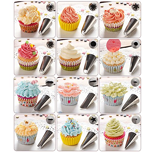 Spritztüllen Russisch Tüllen Set 24pcs Garniertülle, 2 Spritzbeutel, 2 Silikongebäckbeutel und 2 Edelstahlnägel für Kuchenverzierung - 3