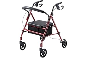 JupiterJX Lightweight Folding Rollator, Aluminium Rollator with Seat and Wheels – Four Wheels Disability Aids Walkers, Lockable Brakes Mobility Walker for Elderly Disabled 110KG Capacity (Red)