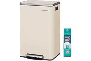 SONGMICS Poubelle de Cuisine 50 L, avec 15 Sacs Poubelle, en Acier, Seau Intérieur Amovible en Plastique, avec Couvercle, Poignées, Fermeture en Douceur, Couleur Crème LTB595A02