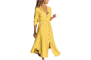 ZEIAYUAS Women Shirts Dress Cotton Linen Dresses Button Down Long Sleeve Sundress Ladies Casual Summer Boho Maxi Dress Sexy Elegant Dresses Smocked Beach Office Dress Vintage Evening Party Dress Plus Size 22