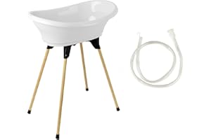 THERMOBABY - Kit Baignoire Bébé - Vasco - Baignoire, Pied En Bois & Tuyau De Vidange - Innovation Brevetée - Pliable & Stable - Peut Accueillir Un Transat De Bain - Fabriqué En France - Blanc Muguet