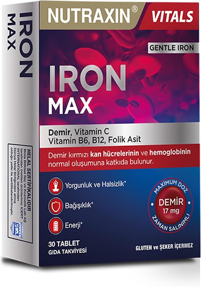 Nutraxin Iron Max 30 Tablet – Demir, C Vitamini, Folik Asit ve B12 Vitamini İçeren Takviye